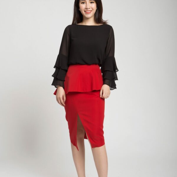 Chân váy bút chì phối bèo xẻ trước