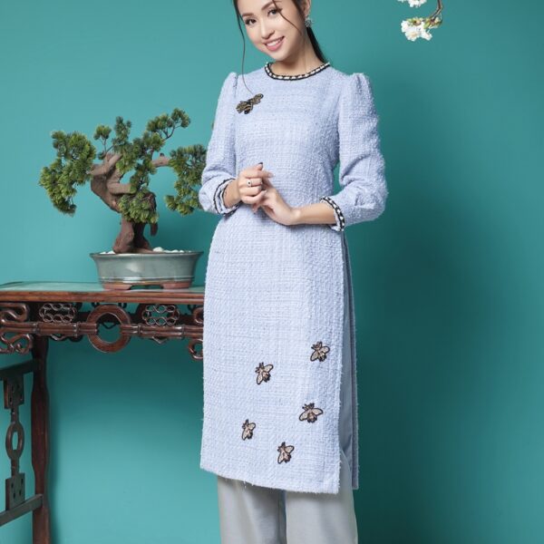 Bộ áo dài nữ Sequin đính sticker cách tân xanh