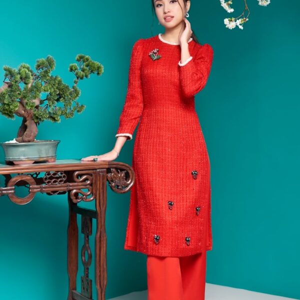 Bộ áo dài nữ Sequin đính sticker cách tân đỏ