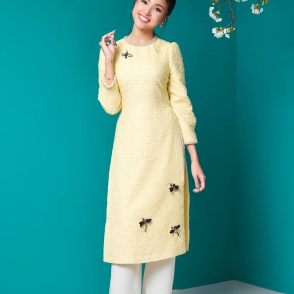 Bộ áo dài nữ Sequin đính sticker cách tân vàng