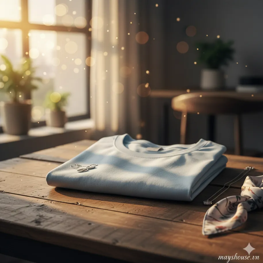 Áo thun nữ cotton Hàn Quốc màu xanh pastel, tôn lên chất liệu mềm mại và đường may tinh xảo.